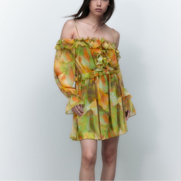 NWT Zara Printed Tulle Dress Green & Yellow - Picture 2 of 11